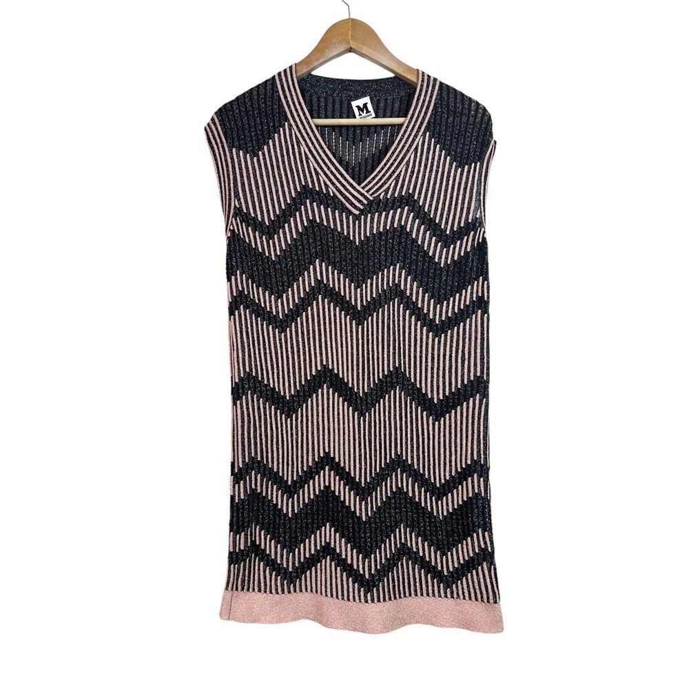 M Missoni Pink & Black Chevron Pattern Lurex Knit Mini Dress Small